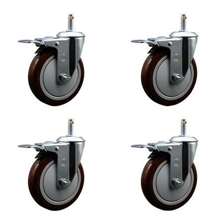 Service Caster 5'' Maroon Poly Swivel 7/16'' Stem Caster Set with Total Lock Brake, 4PK SCC-GRTTL20S514-PPUB-MRN-716138-4